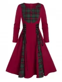 A Line Zippered Plaid Panel Lace Up Dress