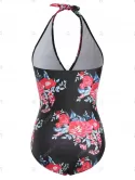 Backless Flower Halter Ruched Tummy Control One-piece Swimsuit