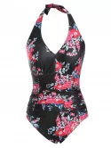 Backless Flower Halter Ruched Tummy Control One-piece Swimsuit