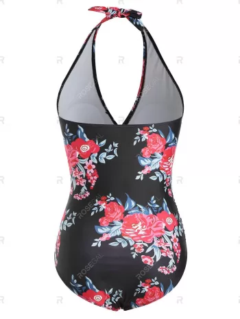 Backless Flower Halter Ruched Tummy Control One-piece Swimsuit