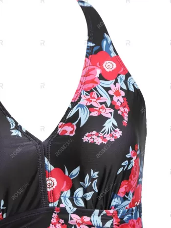 Backless Flower Halter Ruched Tummy Control One-piece Swimsuit