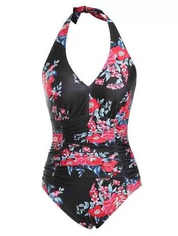 Backless Flower Halter Ruched Tummy Control One-piece Swimsuit