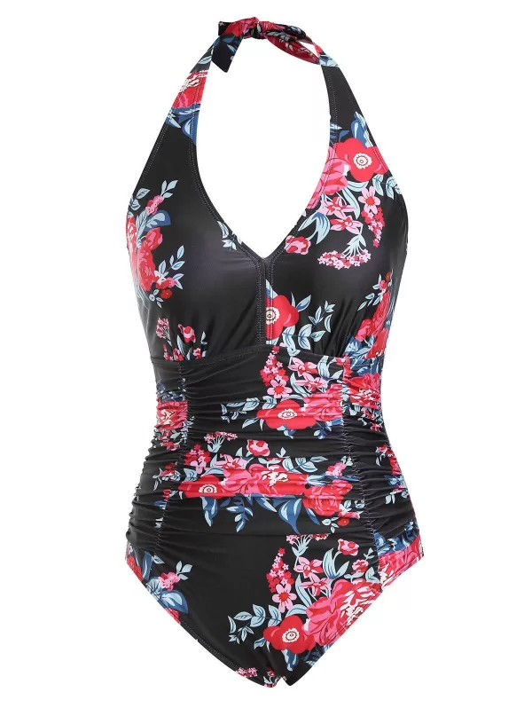 Backless Flower Halter Ruched Tummy Control One-piece Swimsuit