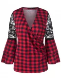 Bell Sleeve Lace Panel Plaid Blouse