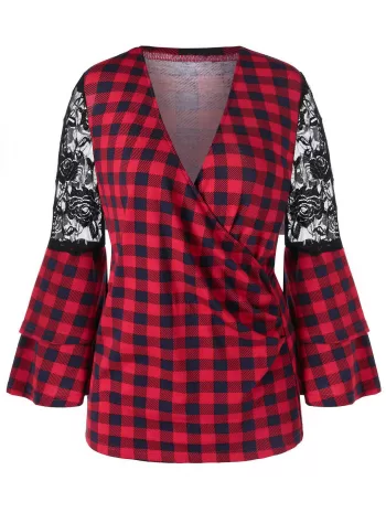 Bell Sleeve Lace Panel Plaid Blouse