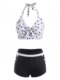 Bowknot Polka Dot Mock Button Halter Tankini Swimwear
