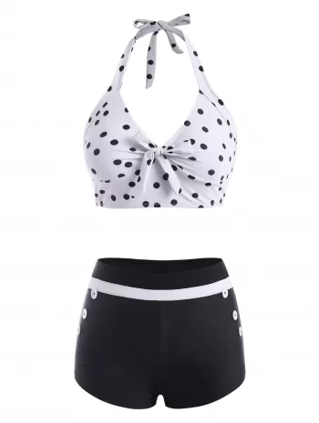 Bowknot Polka Dot Mock Button Halter Tankini Swimwear