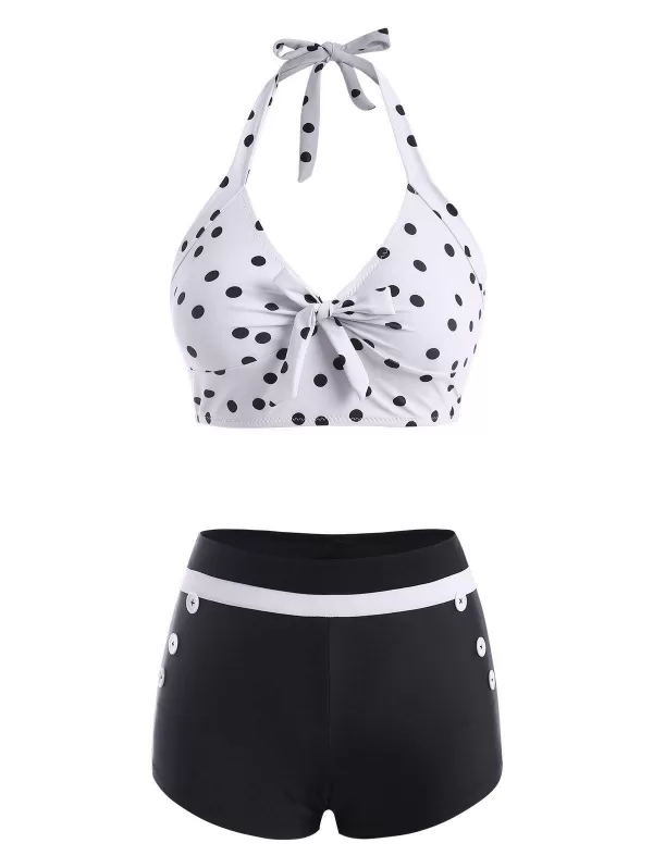 Bowknot Polka Dot Mock Button Halter Tankini Swimwear