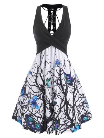 Branch Butterfly Print Lace Up Empire Waist Dress