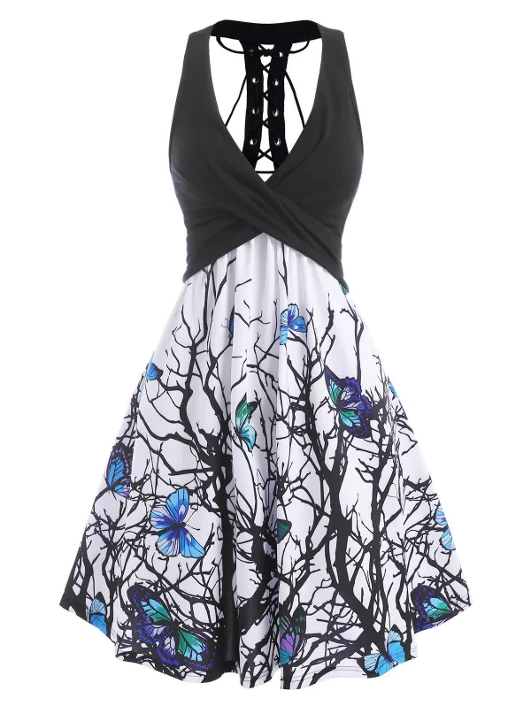 Branch Butterfly Print Lace Up Empire Waist Dress