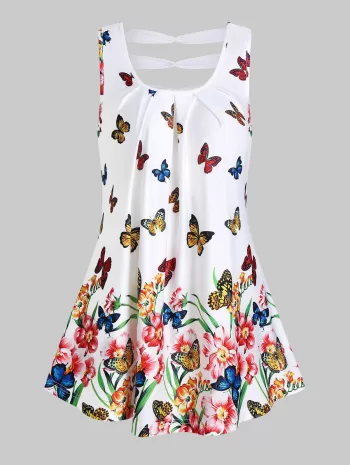 Butterflies And Flower Print Curved Hem Tank Top