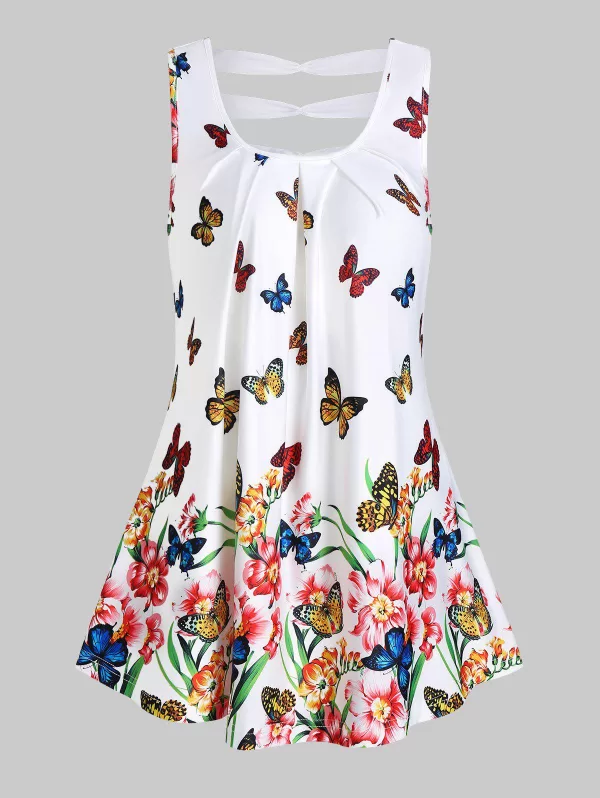 Butterflies And Flower Print Curved Hem Tank Top