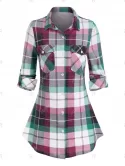 Button Up Pockets Plaid Blouse