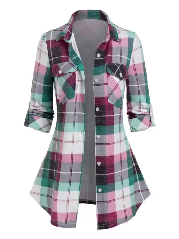 Button Up Pockets Plaid Blouse