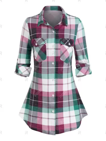 Button Up Pockets Plaid Blouse