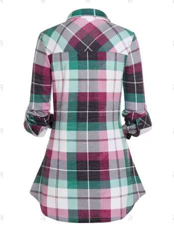 Button Up Pockets Plaid Blouse