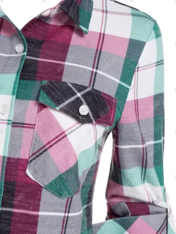 Button Up Pockets Plaid Blouse