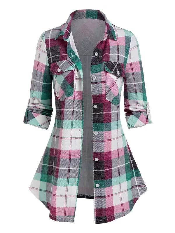Button Up Pockets Plaid Blouse