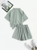 Button Up Tied Pocket High Waisted Shorts Set
