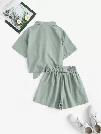 Button Up Tied Pocket High Waisted Shorts Set