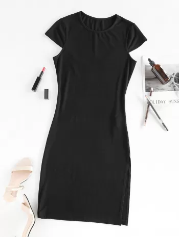Cap Sleeve Ribbed Slit Dress