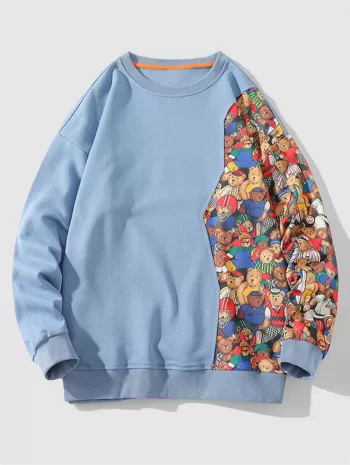 Cartoon Teddy Bear Patchwork Sweatshirt
