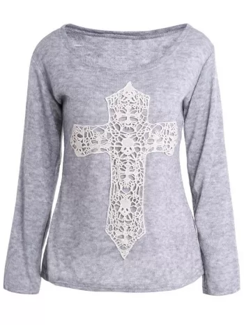 Casual Laced Crucifix Pattern Scoop Neck Long Sleeve T-shirt For Women