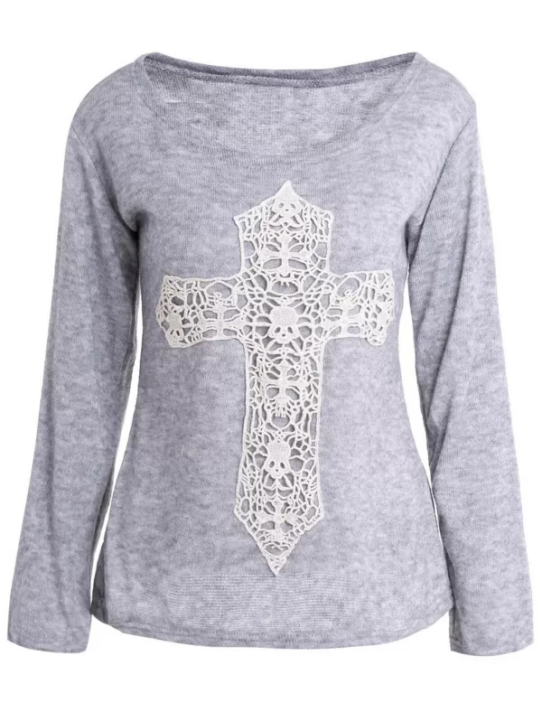 Casual Laced Crucifix Pattern Scoop Neck Long Sleeve T-shirt For Women