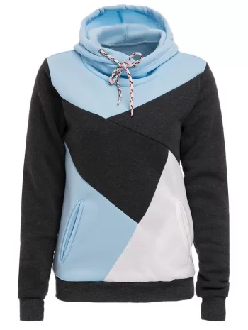 Chic Hooded Long Sleeve Pocket Design Color Block Women's Hoodie