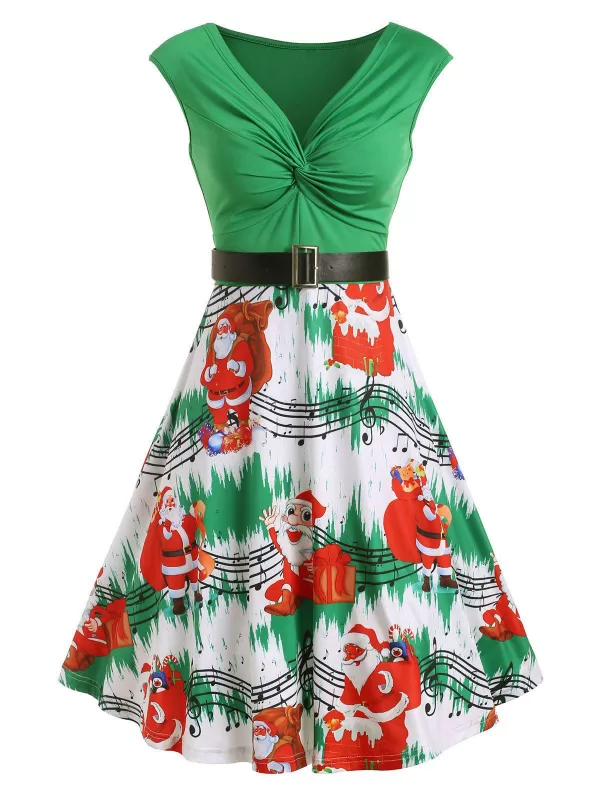 Christams Twist Front Santa Claus Musical Note Print Dress