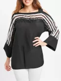 Cold Shoulder Lace Panel Striped Blouse