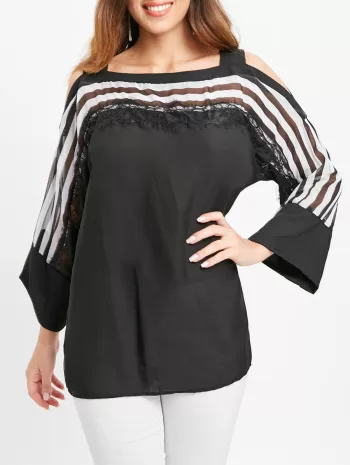 Cold Shoulder Lace Panel Striped Blouse