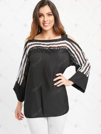 Cold Shoulder Lace Panel Striped Blouse