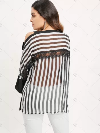 Cold Shoulder Lace Panel Striped Blouse