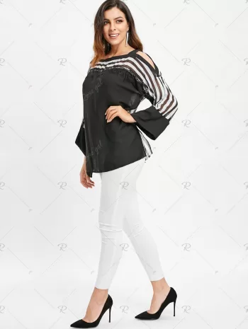 Cold Shoulder Lace Panel Striped Blouse