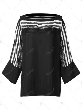 Cold Shoulder Lace Panel Striped Blouse