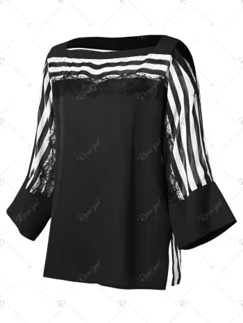 Cold Shoulder Lace Panel Striped Blouse