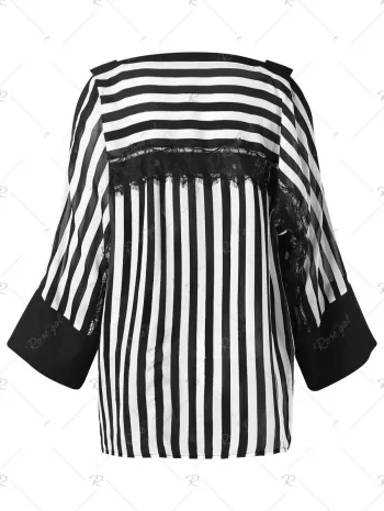 Cold Shoulder Lace Panel Striped Blouse