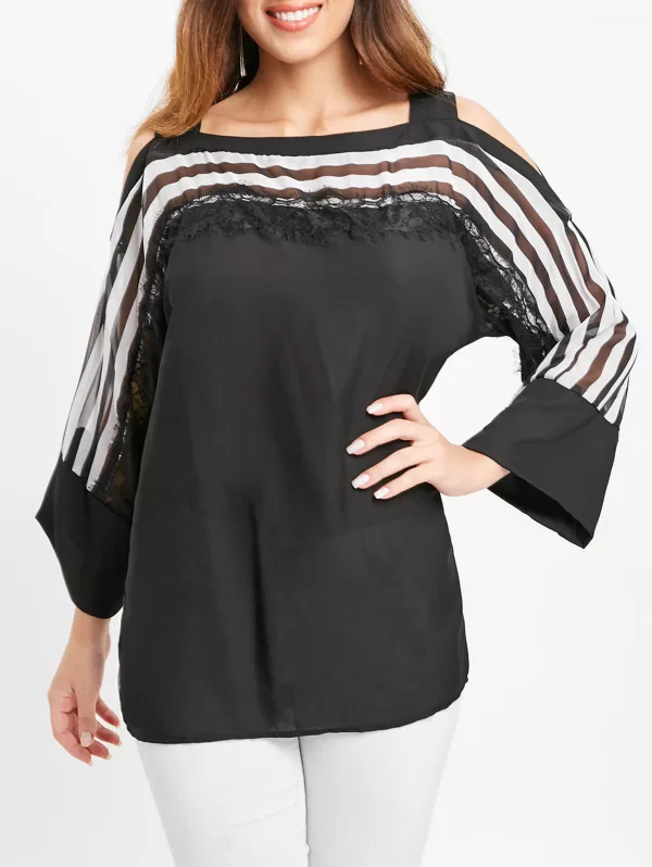 Cold Shoulder Lace Panel Striped Blouse