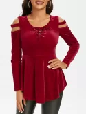 Cold Shoulder Velvet Lace Up Tee
