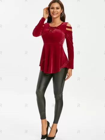 Cold Shoulder Velvet Lace Up Tee
