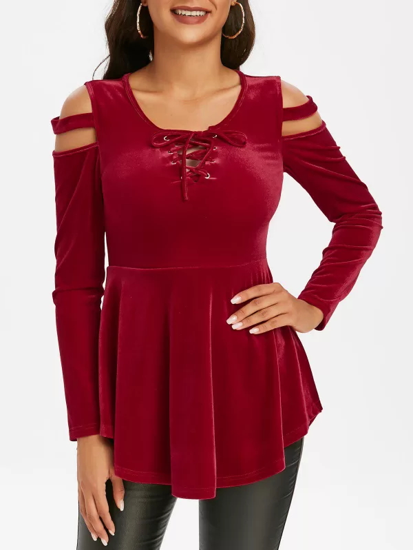 Cold Shoulder Velvet Lace Up Tee