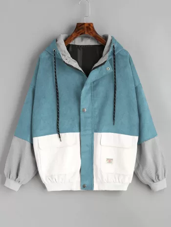 Color Block Hooded Corduroy Jacket