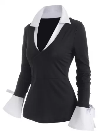 Colorblock Bowknot Slit Flare Sleeve T Shirt