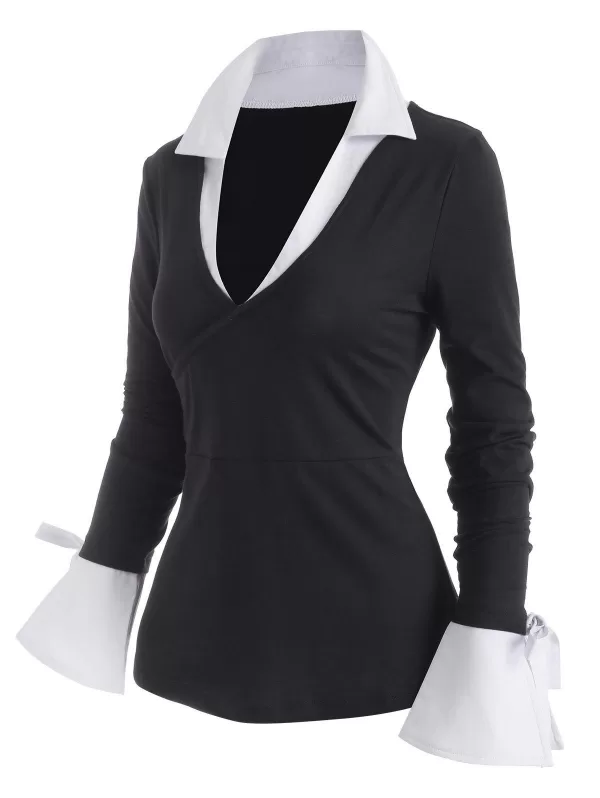 Colorblock Bowknot Slit Flare Sleeve T Shirt