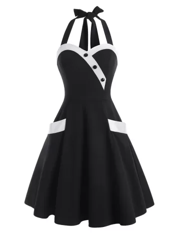Colorblock Halter Mock Button Pocket Dress