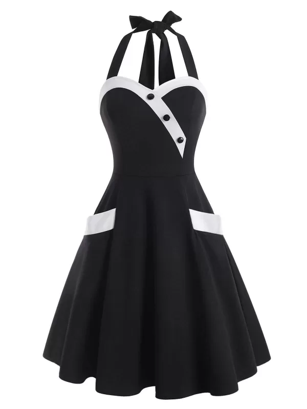 Colorblock Halter Mock Button Pocket Dress