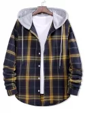 Colorblock Plaid Print Hooded Button Up Shirt