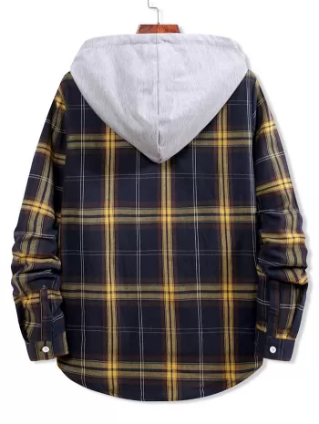 Colorblock Plaid Print Hooded Button Up Shirt
