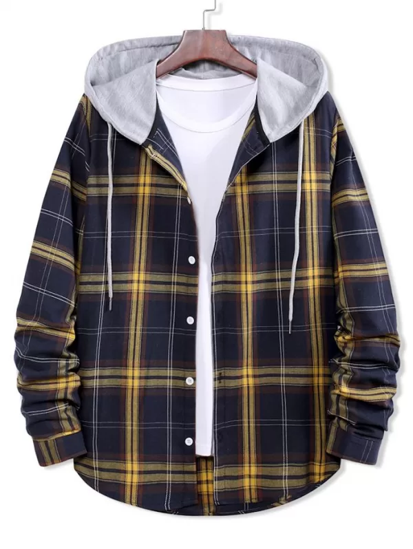 Colorblock Plaid Print Hooded Button Up Shirt